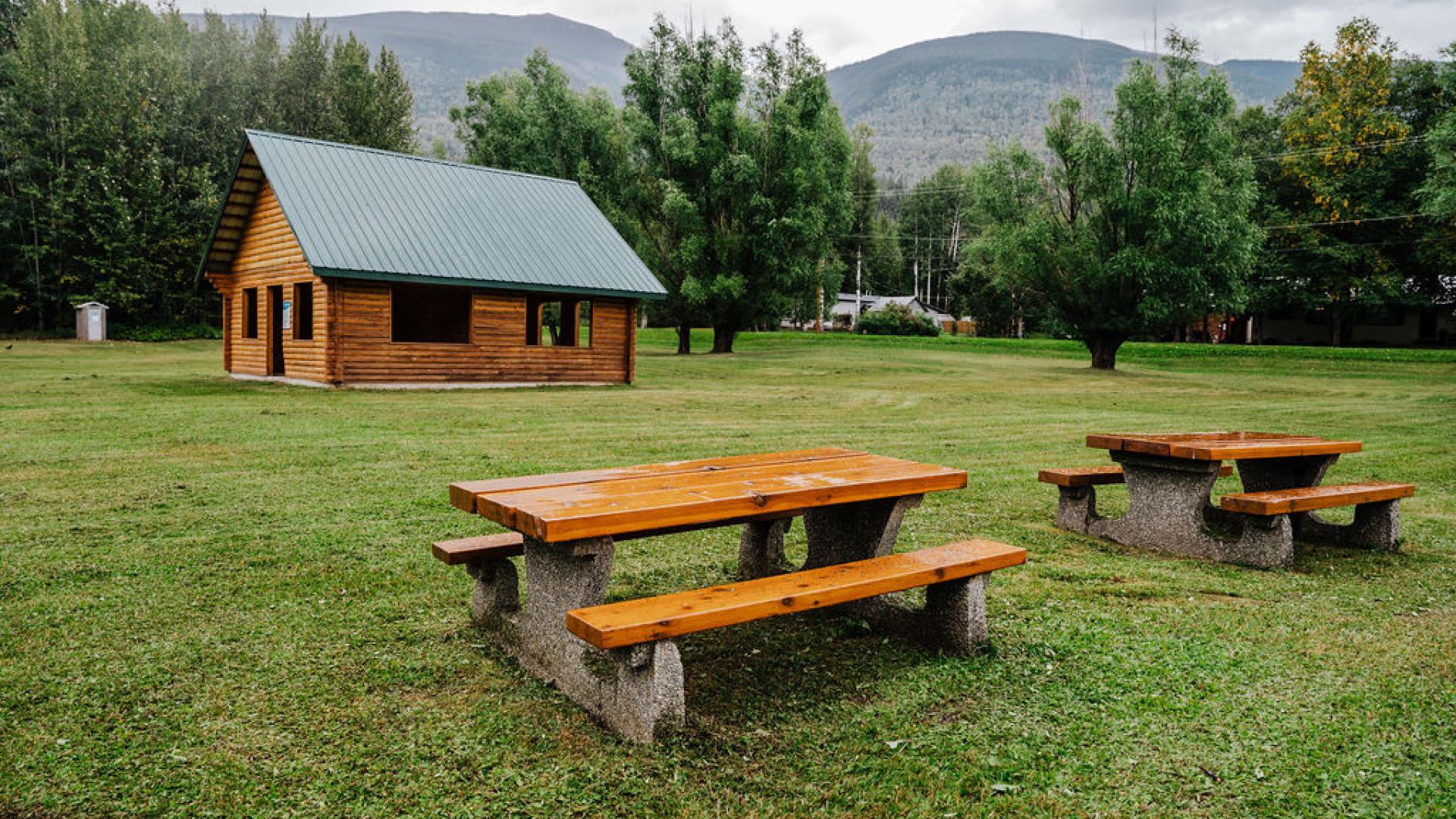 two picnic tables and a wooden picnic shelter building with a metal roof in a grassy field