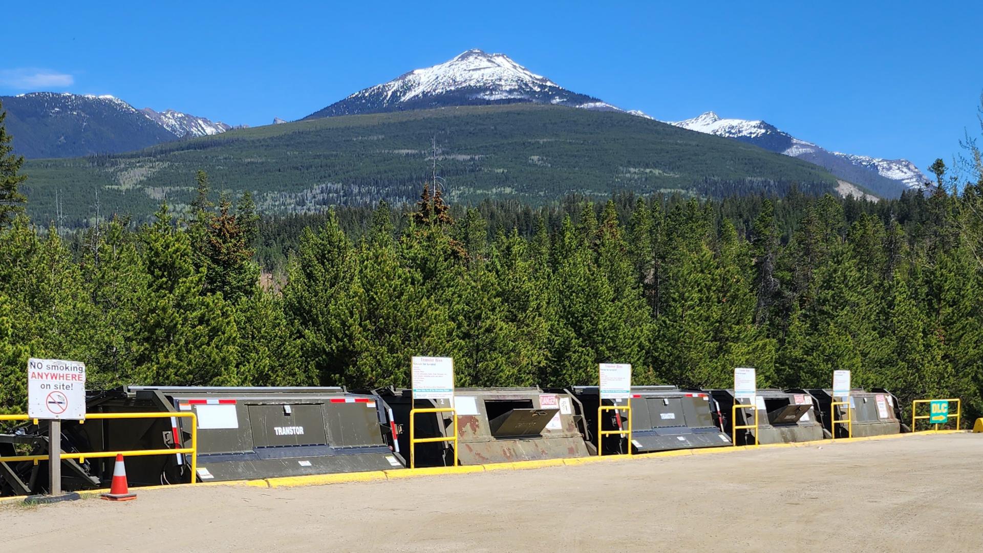 garbage bins with trees and snowy mountains