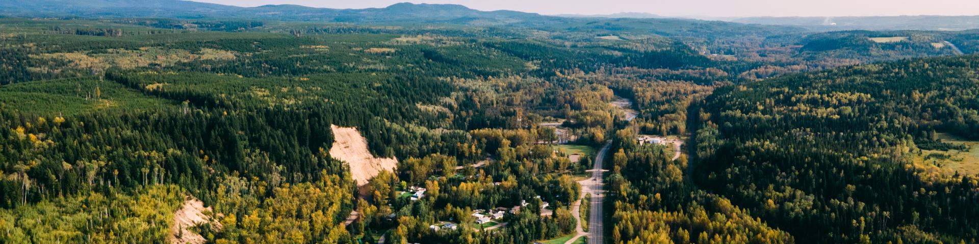 aerial view of a small town surrounded by green grass and trees