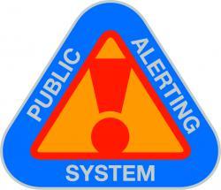 graphic showing an exclamation mark encased in a triangle with the words public alerting system around it